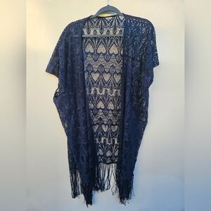 Navy Blue Lace Kimono with Fringe